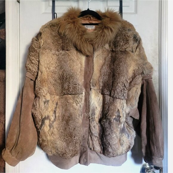 VTG Rabbit Fur Suede Bomber Jacket Convertible Vest Removable Sleeves Women M - Picture 1 of 16
